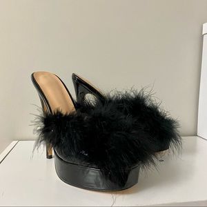 Black Patent Maribou Feather Mules Dancer Heels 41 Boudoir